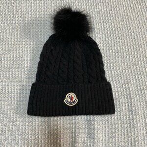 Moncler Black Cable Knit Beanie with Pom Pom